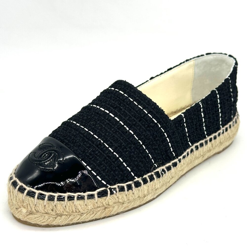 CHANEL 15S 2015 Classic Tweed Patent Cap Toe CC Logo Espadrilles Flats Shoes